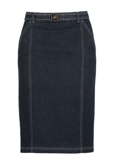 Dark denim pencil skirt with a fitted silhouette, contrast stitching, and a gold-tone logo buckle on the waistband.
