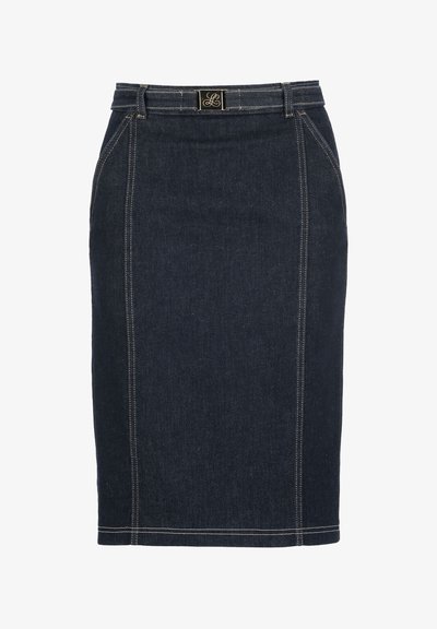 Dark denim pencil skirt with a fitted silhouette, contrast stitching, and a gold-tone logo buckle on the waistband.