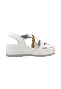 Sandalo wedge bianco con cinturini metallici argento, design aperto, soletta imbottita e suola testurizzata. Presenta una punta arrotondata e una cinghia alla caviglia.