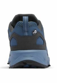 Scarpa da trekking blu e grigia con design durevole, tomaia texturizzata, tallone rinforzato e marchio OutDry. Presenta una suola nera robusta.