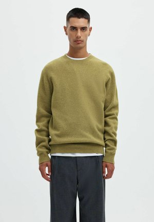 Jeune homme debout portant un pull léger vert olive clair sur une chemise blanche avec un pantalon gris foncé sur un fond uni clair.
