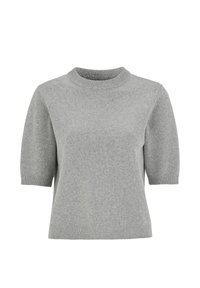Kortærmet, grå strikket sweater med høj hals, struktureret stof og ribbede kanter og ærmer. Klassisk, simpelt design.