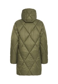 Gequilted pufferjack in olijfgroen, met een capuchon, een ruitenpatroon en lange mouwen. Glad, glanzend materiaal met een losse pasvorm.