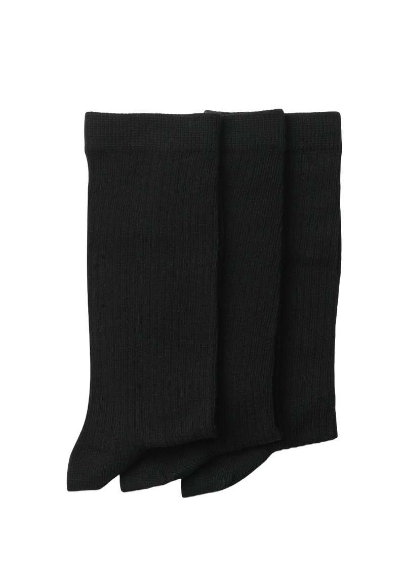 Tres pares de calcetines negros acanalados hechos de un tejido suave, con una textura lisa y un diseño clásico de longitud media.