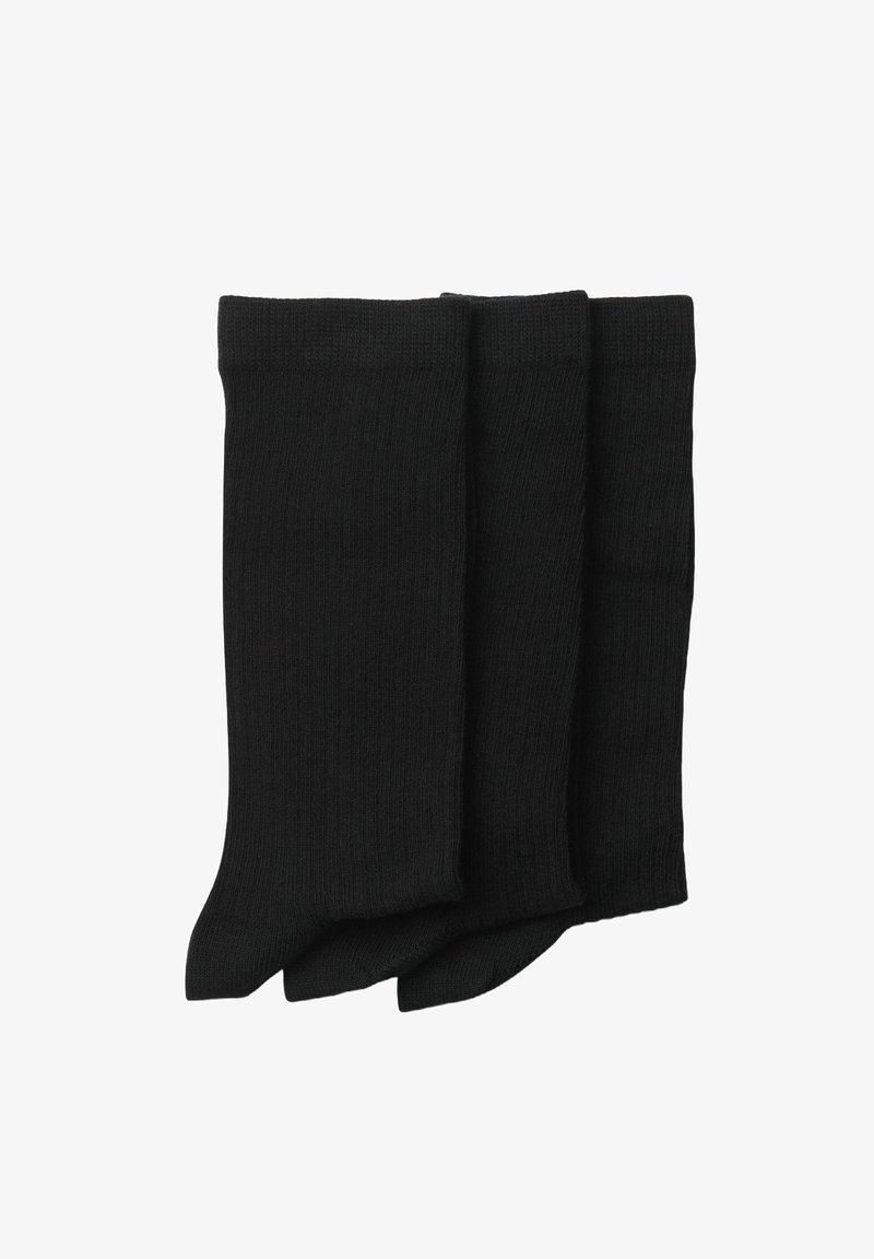 Trois paires de chaussettes noires à côtes, fabriquées dans un tissu doux, offrant une texture lisse et un design classique de longueur mi-mollet.