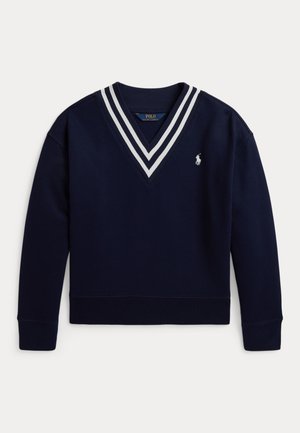 Pull bleu marine à manches longues avec col en V à double rayure blanche et petit logo joueur de polo blanc sur la poitrine gauche.