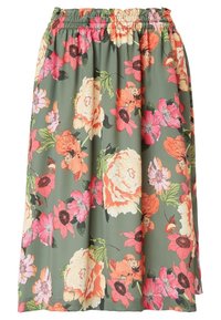 Groene bloemenrok met een geplooide elastische tailleband, versierd met levendige roze, oranje en crèmekleurige bloemen, en een vloeiende A-lijn vorm.