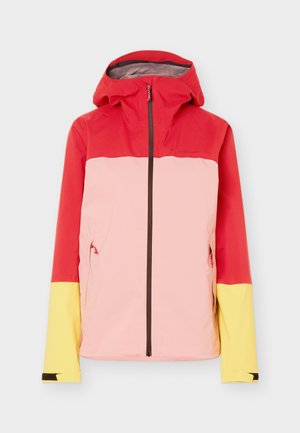 Jachetă pentru femei cu glugă și fermoar frontal, cu blocuri de culoare în roșu, roz deschis și galben, având buzunare laterale cu fermoar și curele reglabile la încheieturi.