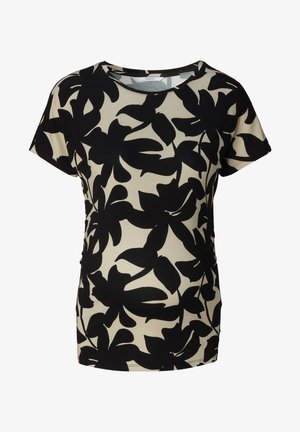 Zwarte T-shirt met bloemenprint, korte mouwen, ronde halslijn en een beige achtergrond. Gemaakt van zachte, rekbare stof met een gladde textuur.