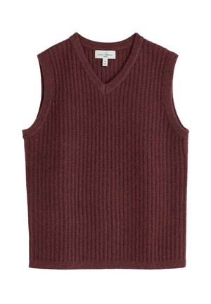 Maglione senza maniche color bordeaux con scollo a V, caratterizzato da una trama a costine e un orlo dritto. Realizzato in un morbido tessuto a maglia.