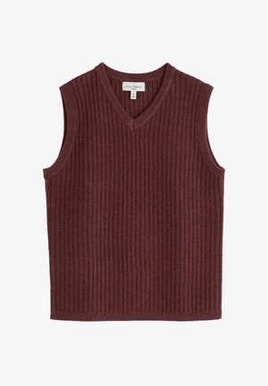 Bordeaux, mouwloze sweater met een V-hals, met een geribbelde structuur en een rechte zoom. Gemaakt van een zachte brei stof.
