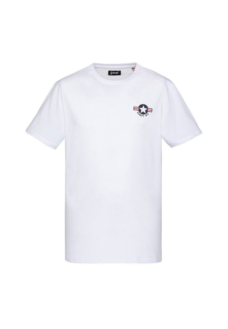 Camiseta de algodón blanca con mangas cortas. Presenta un pequeño gráfico con una estrella y rayas de color en la parte izquierda del pecho. Diseño sencillo.
