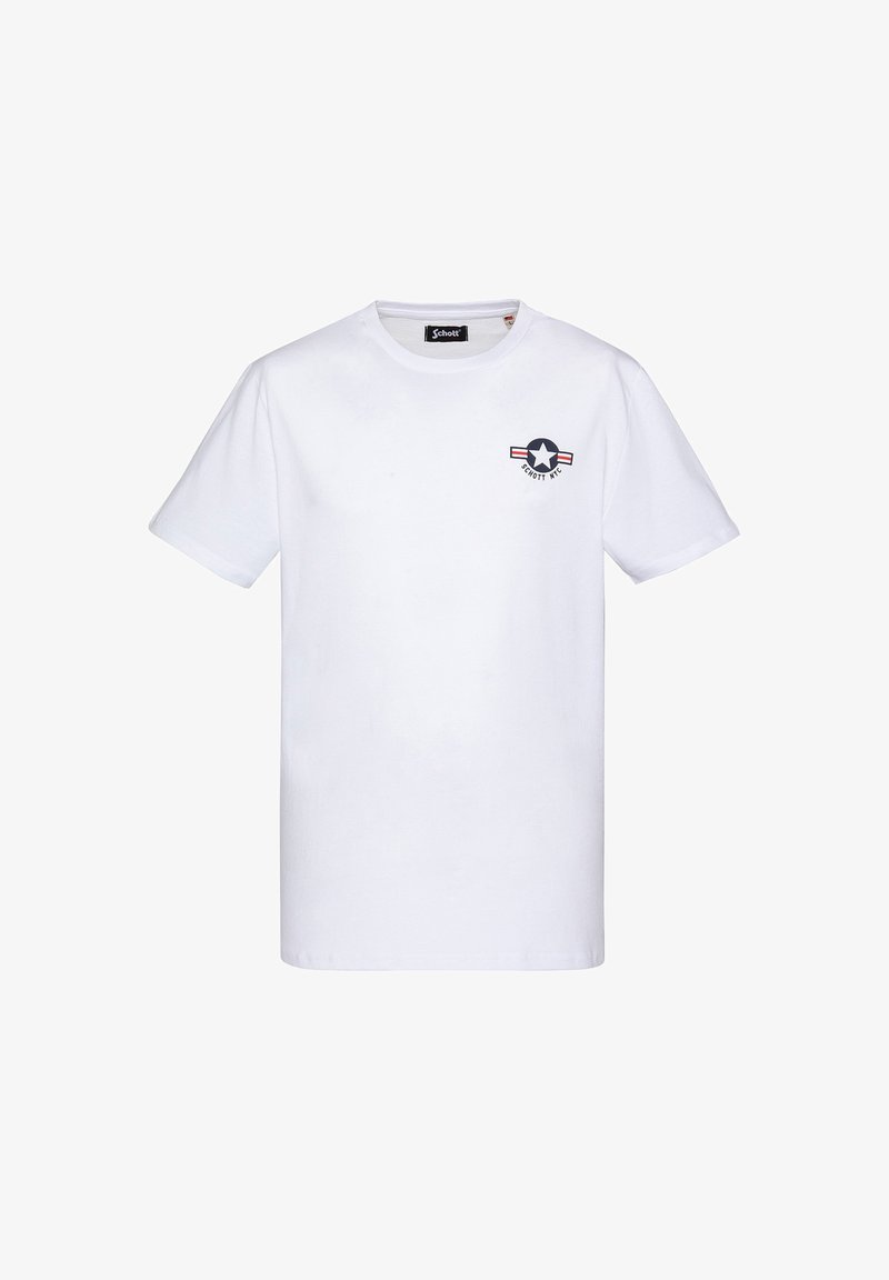Camiseta de algodón blanca con mangas cortas. Presenta un pequeño gráfico con una estrella y rayas de color en la parte izquierda del pecho. Diseño sencillo.