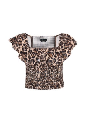 Leopardmønstret off-shoulder crop top med flæsekanter ved halsudskæringen og rynket krop i beige, brune og sorte nuancer.