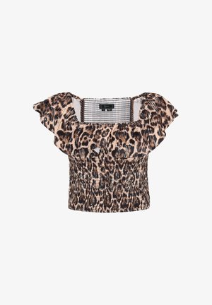 Krátký top s leopardím potiskem, odhalenými rameny, volánkovým výstřihem a nařaseným živůtkem v béžových, hnědých a černých tónech.