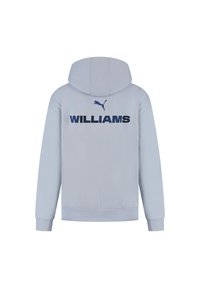 Jasnoszara bluza z kapturem z napisem "WILLIAMS" i logo Pumy w ciemnoniebieskim na plecach.