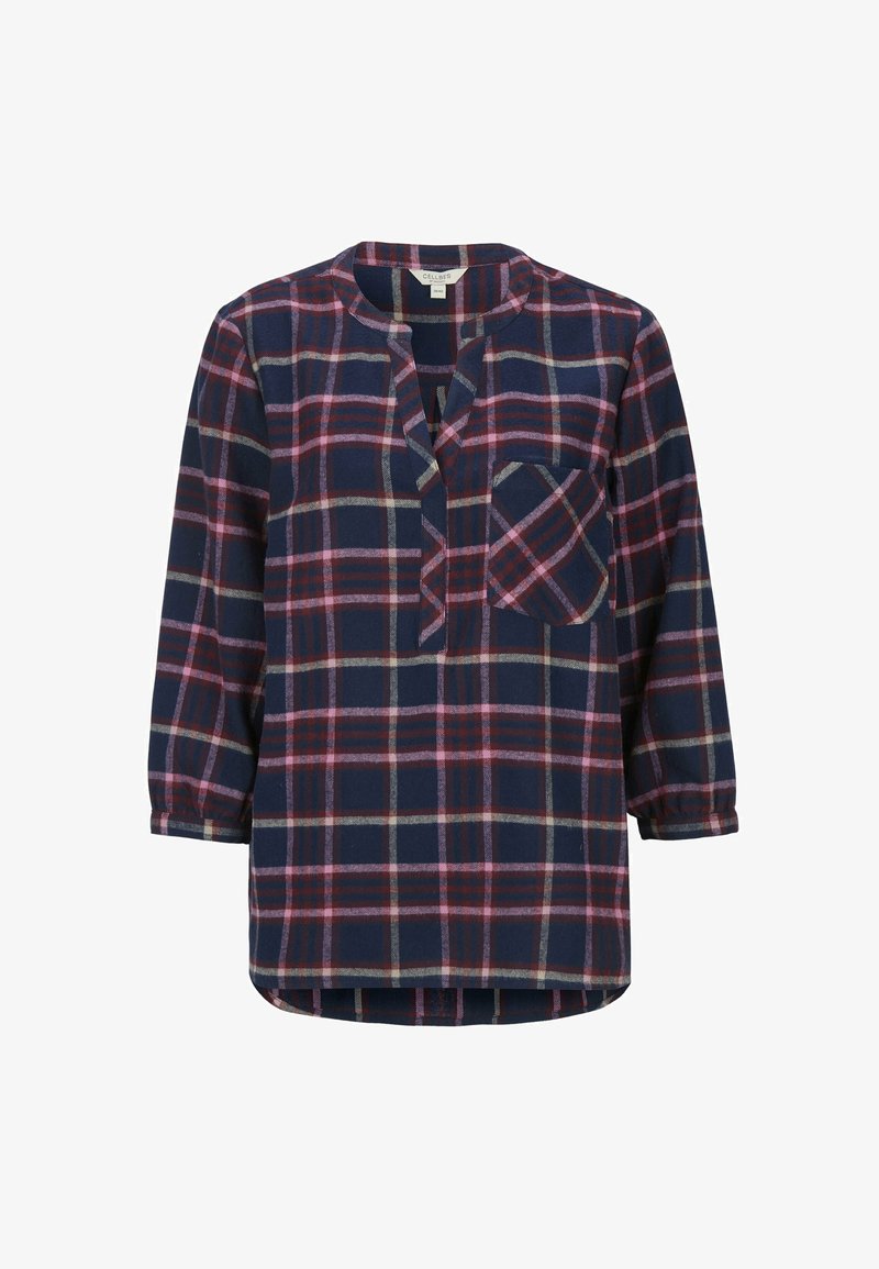 Karierte Bluse mit einem Farbschema in Marineblau, Bordeaux und Pink. Mit rundem Ausschnitt, langenÄrmeln und einer Brusttasche. Weicher Stoff.