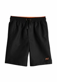 Černé plavkové šortky s elastickým pasem, oranžovým šňůrkou a malým vyšívaným logem na dolní levé noze. Hladká textura.