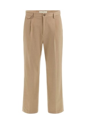 Pantaloni beige su misura con gamba dritta, fronte plissettato e passanti per cintura. Realizzati in tessuto liscio con una leggera texture.