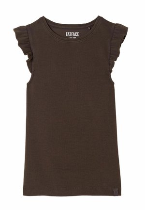 Dark brown ribbed sleeveless top with flutter sleeves, crew neck, and small fabric logo tag near the hem.