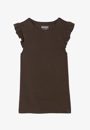 Dark brown ribbed sleeveless top with flutter sleeves, crew neck, and small fabric logo tag near the hem.