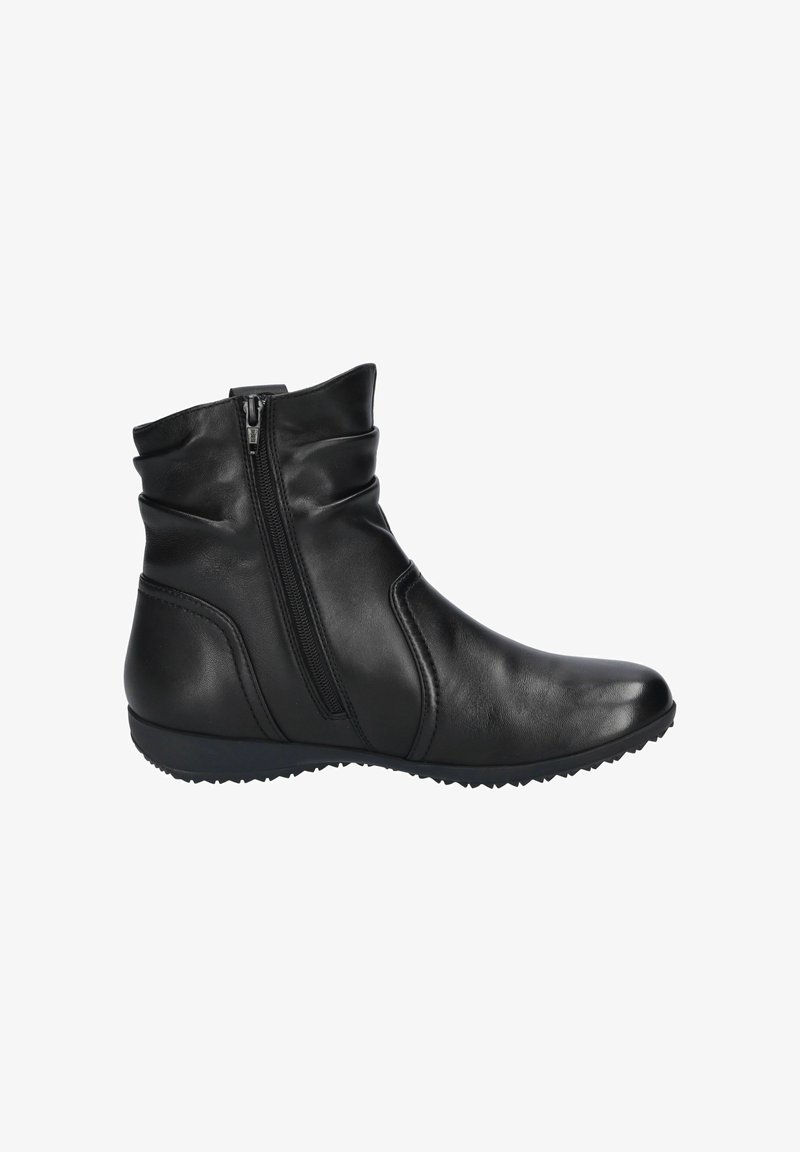 Bottine noire en cuir avec fermeture éclair latérale, semelle compensée basse et tige légèrement froncée, vue de l'extérieur.