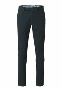 Pantalons slim en tissu vert foncé avec une texture subtile. Présentent des passants de ceinture, une fermeture par bouton à l'avant et une doublure intérieure à motif.