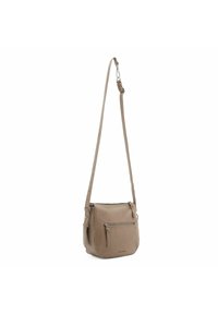 Borsa a tracolla in pelle beige con finitura texturizzata, tracolla regolabile e tasca frontale con zip. Presenta una chiusura a zip e una hardware minima.