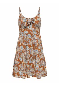 Bruine bloemenjurk met spaghettibandjes, bevat een strikdetail bij de halslijn en heeft een uitlopende rokpatroon in blauwe en gele tinten.