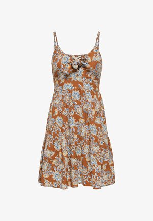 Pruun lilleline kleit spagetitripidega, millel on lipsu detail kaeluses ning laienev seelik sinise ja kollase värvitoonis.