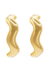 Gulltone metalløredesign med en bølgete, abstrakt utforming. Glatt tekstur og reflekterende overflate, med to distinkte, snurrende former.