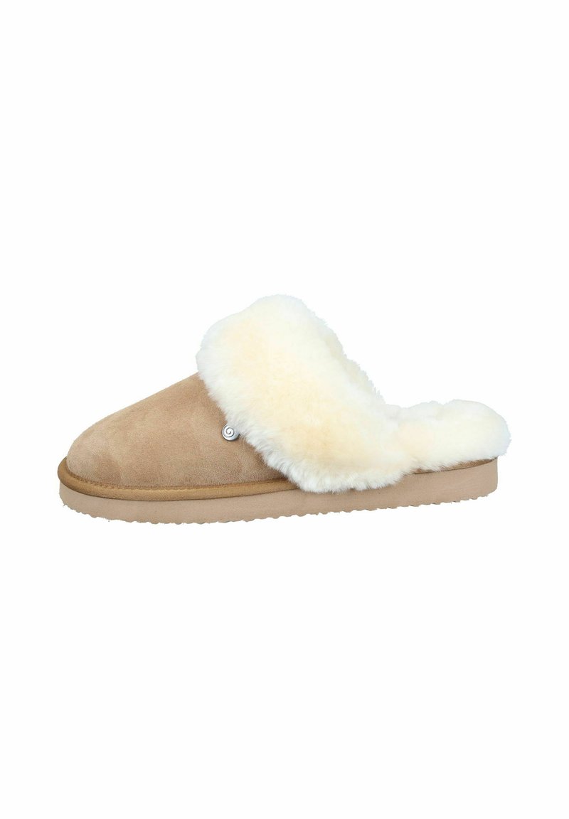Tan suede slipper with a soft, cream faux fur cuff. Round toe, flat rubber sole, and a small spiral logo accent on the side.
