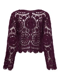 Blouse courte en dentelle à manches longues de couleur violet foncé avec des motifs floraux et circulaires au crochet et des bords festonnés.