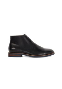 Black leather ankle boots with a smooth texture, round toe, and subtle stitching. Features a low stacked heel and lace-up design.