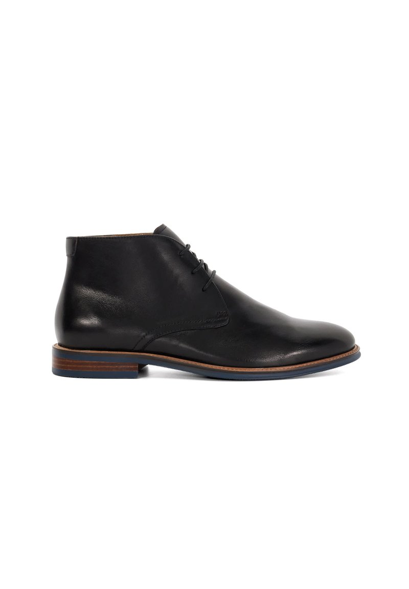 Black leather ankle boots with a smooth texture, round toe, and subtle stitching. Features a low stacked heel and lace-up design.