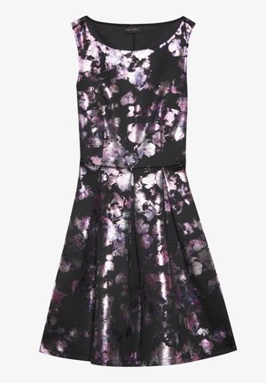 Sleeveless black dress with a floral pattern in purple and white. Made of textured fabric with a fitted bodice and flared skirt.