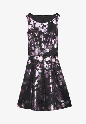 Sleeveless black dress with a floral pattern in purple and white. Made of textured fabric with a fitted bodice and flared skirt.