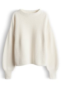 Hellbeiger Strickpullover mit strukturiertem Rippstrickmuster, überschnittenen Schultern und breiten gerippten Bündchen. Voluminöse, übergroße Silhouette.