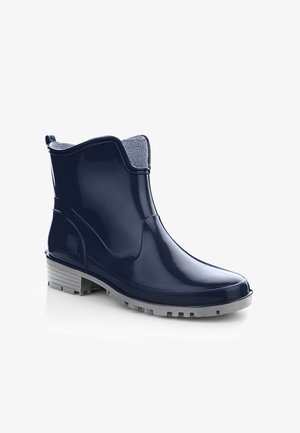 Granatowe, gumowe botki za kostkę o gładkim wykończeniu, z teksturowanym szarym kołnierzem i szarym, bieżnikowanym podkładem zapewniającym dobrą przyczepność. Prosty, minimalistyczny design.