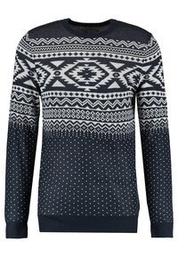 Marinblå stickad tröja med ett geometriskt vitt mönster, långa ärmar och ribbade mudd med ett prickigt mönster på den nedre delen.