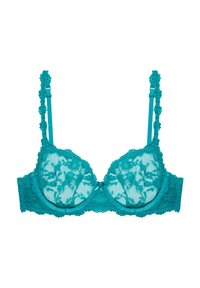 Tyrkysová krajková podprsenka s kosticemi, květinovým vzorem, nastavitelnými ramínky a dekorační mašlí uprostřed. Průhledná a texturovaná látka.
