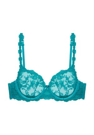 Reggiseno con sottogola in pizzo turchese con motivo floreale, spalline regolabili e un fiocco decorativo al centro. Tessuto trasparente e testurizzato.