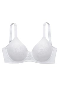 Balts krūšturis ar teksturētu rakstu, plāniem regulējamiem siksniņām un veidotiem kausīšiem. Iezīmē bezšuvju dizainu un gludu apdari.