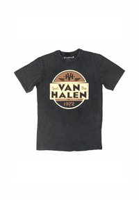 Black cotton t-shirt featuring a circular Van Halen logo design with beige and brown accents; short sleeves and a crew neckline.