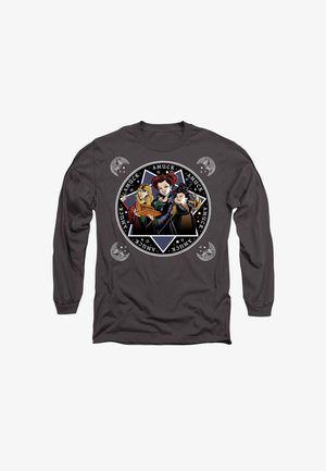 Dunkelgraues Langarmshirt mit drei Cartoonfiguren in einem kreisförmigen Design, dem Text "Amuck" und Grafiken von Mondsicheln.