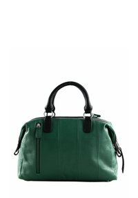 Sac à main en cuir vert avec une finition texturée, accents en cuir noir, fermeture éclair, doubles poignées supérieures et poche latérale zippée.
