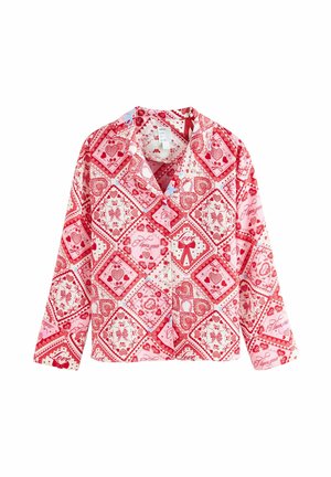 Sarkana un rozā kokvilnas krekls ar garām piedurknēm, izšūts ar sirdīm, ziediem un tekstu. Ar atšķeltu apkakli un pogu aizdari.