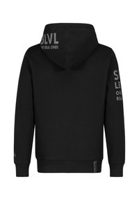 Zwart hoodie, van een katoenmix. Voorzien van grote grijze tekst "SBLVL" op de achterkant en "LEAD THE REAL ONES" op de rechtermouw. Eenvoudig ontwerp.