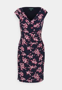 Marinblå blommig klänning med ärmar som slutar vid axeln, omslagdesign, mönster av rosa och vita blommor, strukturerad tyg, skräddarsydd passform, knälång.