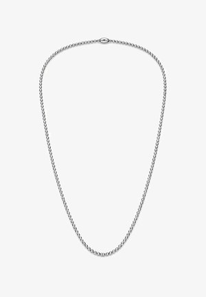 Collana a catena in metallo tono argento con piccoli anelli rotondi a forma di pallina, texture liscia e chiusura sicura e arrotondata.